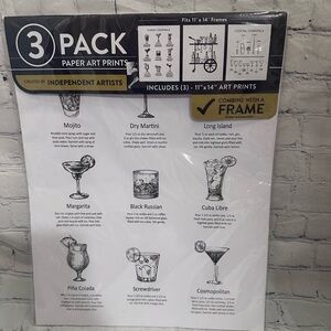 NEW- 3 Pack Paper Art Prints with Cocktail Designs
